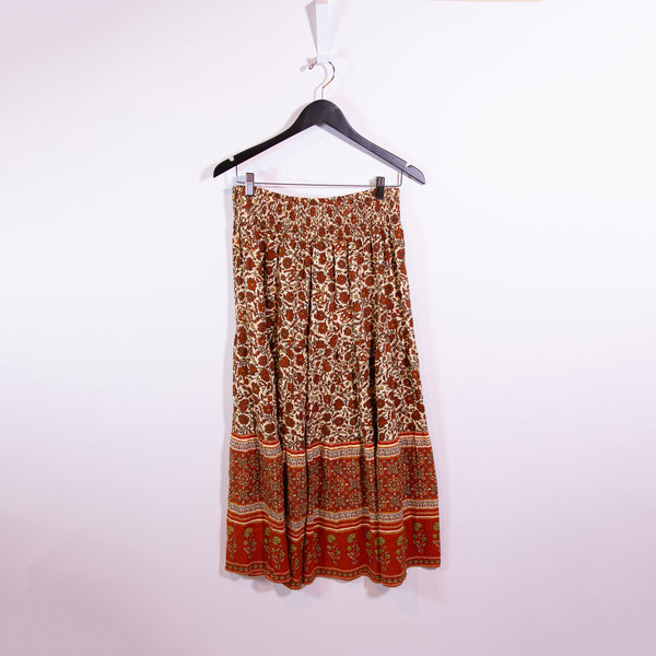 Faherty Harlow Linen Blend Smocked Waist Pull On Maxi Skirt Umber Folly Floral M