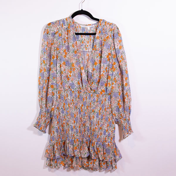 Veronica Beard Saera Silk Chiffon Smocked Ruffle Pullover V Neck Mini Dress