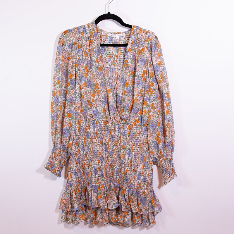 Veronica Beard Saera Silk Chiffon Smocked Ruffle Pullover V Neck Mini Dress