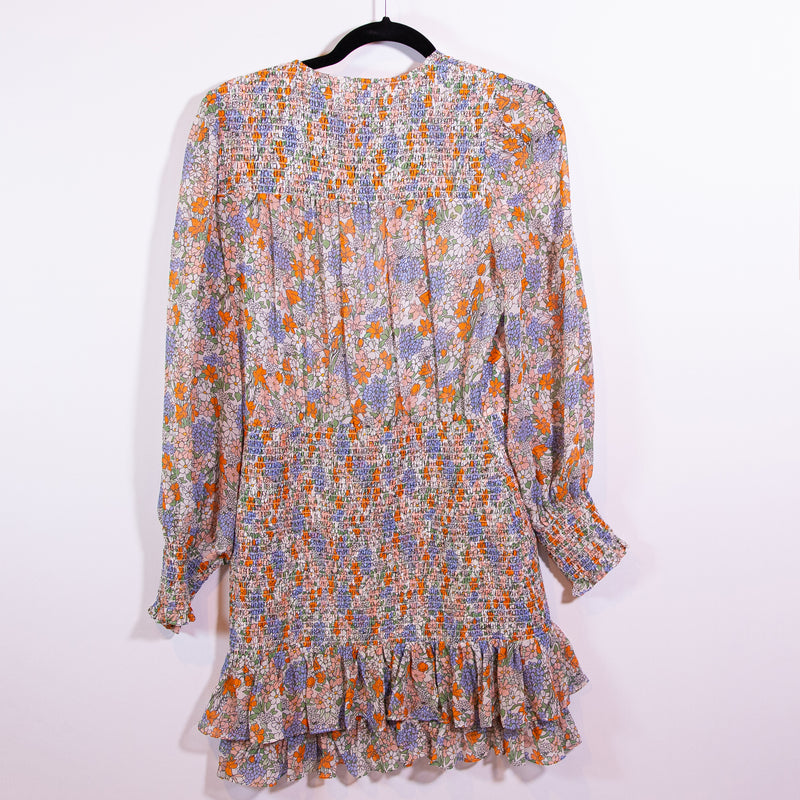 Veronica Beard Saera Silk Chiffon Smocked Ruffle Pullover V Neck Mini Dress