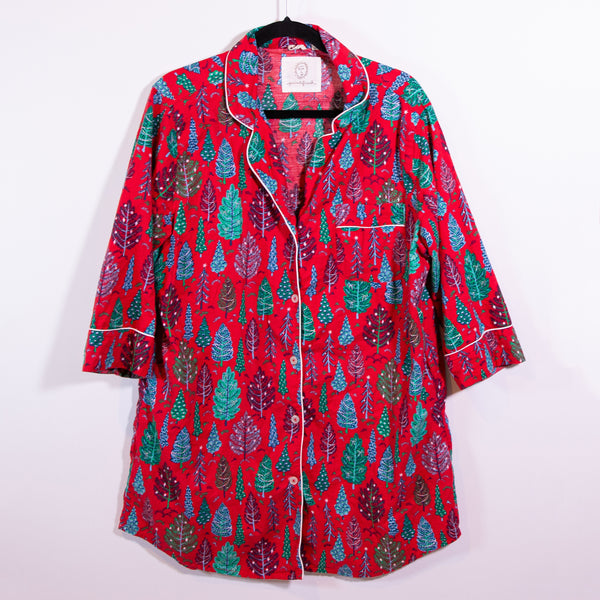 Printfresh Twinkling Trees Christmas Print Button Down Flannel Sleep Shirt Ruby