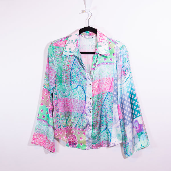 Zara Women's Satin Collared Button Down Long Sleeve Paisley Print Pattern Blouse