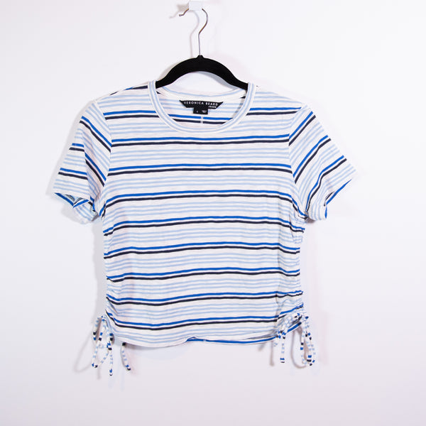 Veronica Beard Tazi Stripe Print Ruched Sides Crew Neck Cotton Tee Shirt Blue S