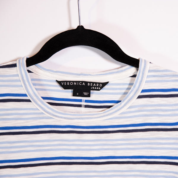 Veronica Beard Tazi Stripe Print Ruched Sides Crew Neck Cotton Tee Shirt Blue S