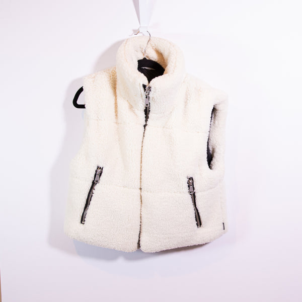 Apparis Alex Shearling Fuzzy Teddy Sherpa Full Zip Sleeveless Vest Jacket Ivory