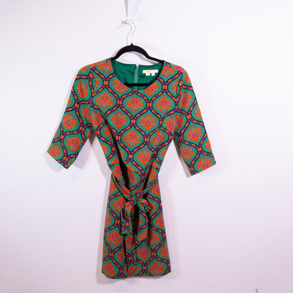 Boden Aztec Floral Flower Print Pattern Belted Quarter Sleeve Sheath Dress 8R