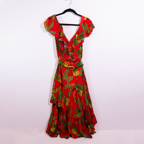 NEW Farm Rio Red Forest Birds Tropical Print Pattern Belted Ruffle Maxi Dress M