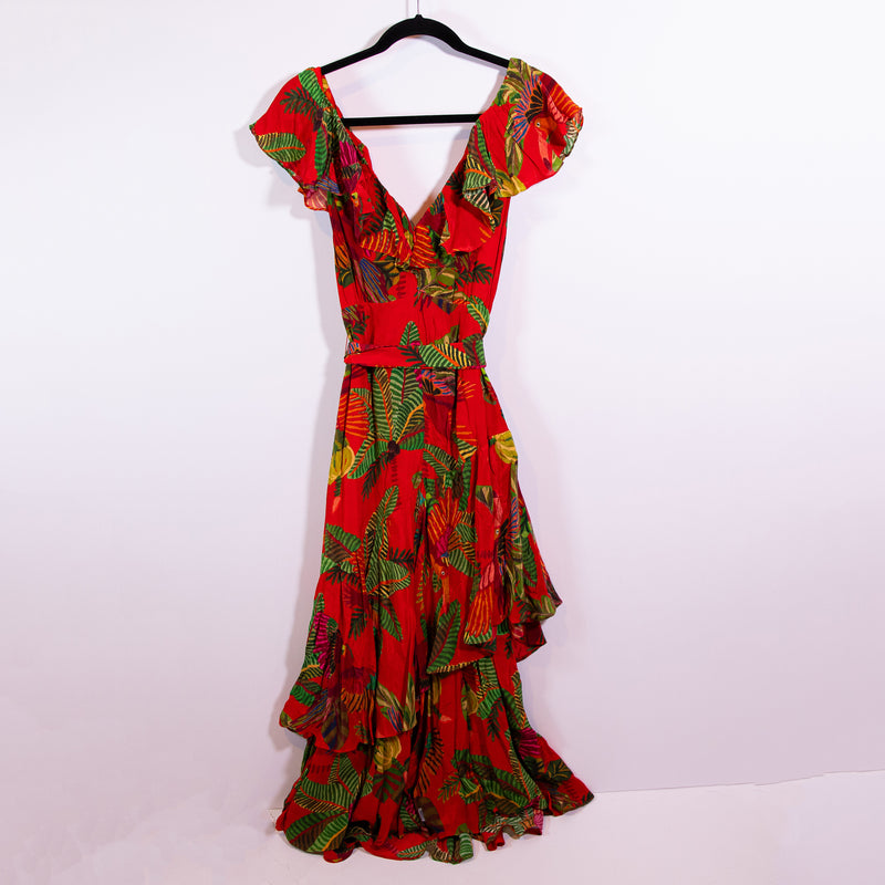 NEW Farm Rio Red Forest Birds Tropical Print Pattern Belted Ruffle Maxi Dress M