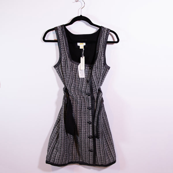 NEW Maeve Anthropologie Tweed Knit Textured Faux Leather Trim Button Mini Dress