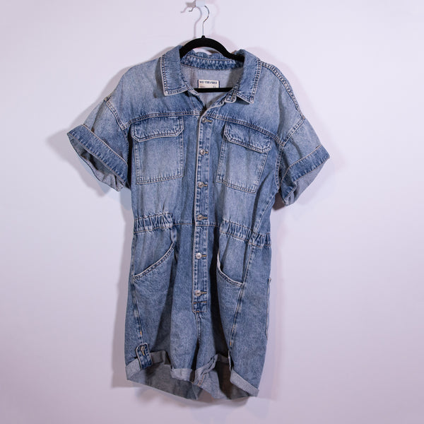 Free People We The Free Marci Cuffed Shortall Cotton Denim Jean Romper Marrakesh