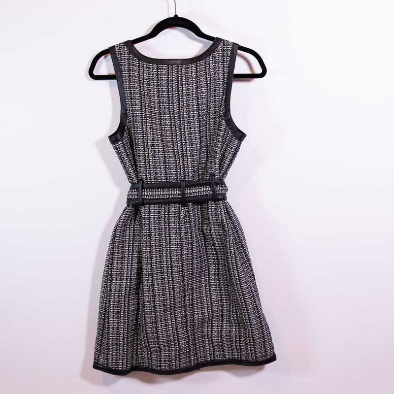 NEW Maeve Anthropologie Tweed Knit Textured Faux Leather Trim Button Mini Dress