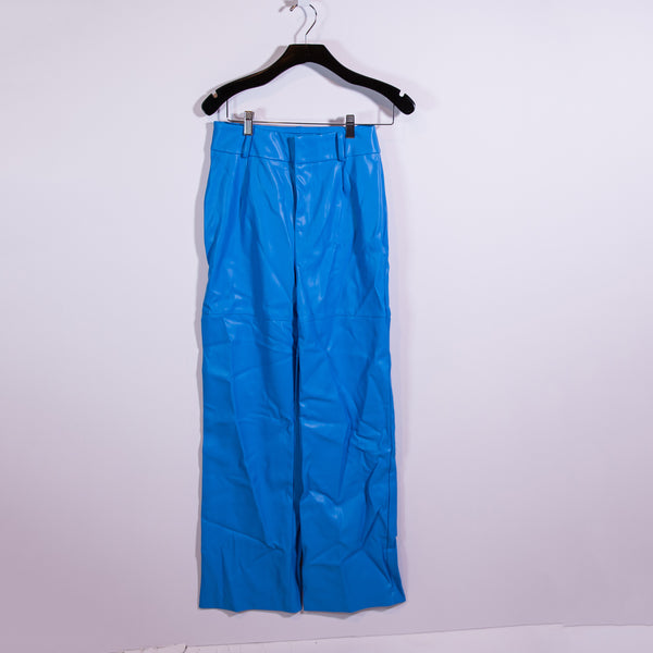 NEW Meshki Sima Faux Vegan Leather High Waist Straight Leg Pants Azure Blue M