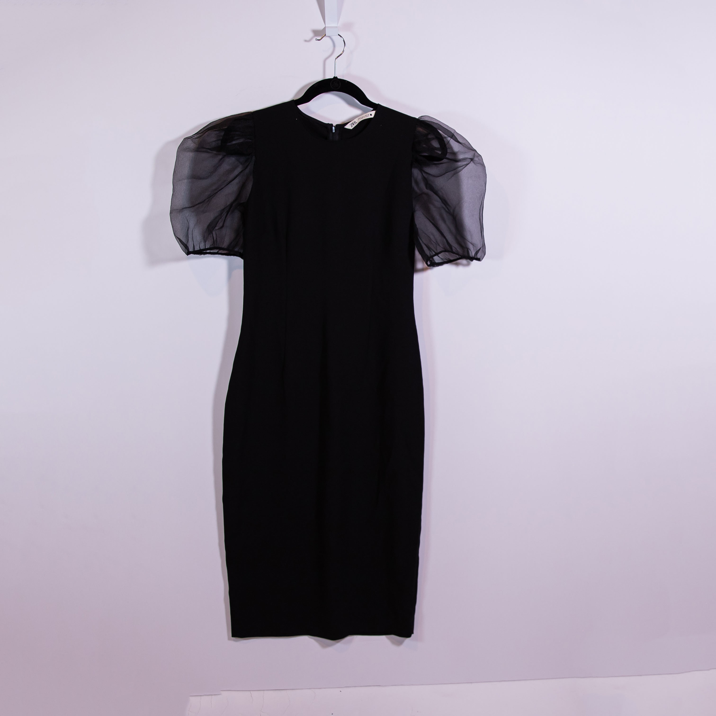 Zara Crepe Semi Sheer Chiffon Puff Short Sleeve Sheath Midi Dress Black Small