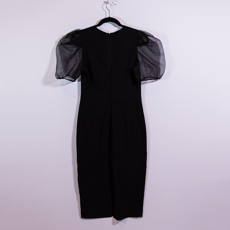 Zara Crepe Semi Sheer Chiffon Puff Short Sleeve Sheath Midi Dress Black Small