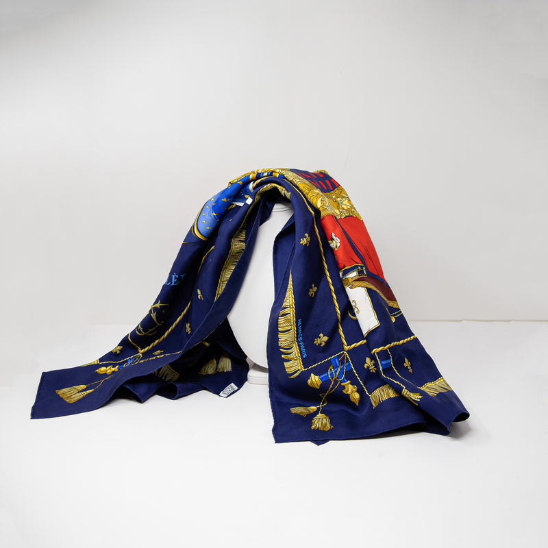 Hermes La Reale La Galere Silk Chiffon Print Pattern Square Scarf Shawl Blue Red