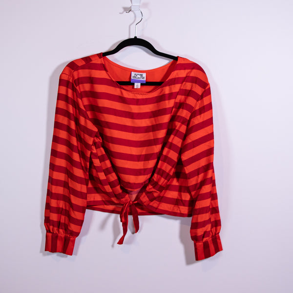 Future Collective Kahlana Barfield Brown Satin Tie Front Stripe Blouse Shirt Top