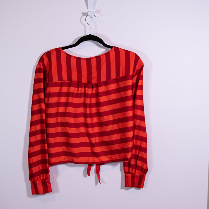 Future Collective Kahlana Barfield Brown Satin Tie Front Stripe Blouse Shirt Top