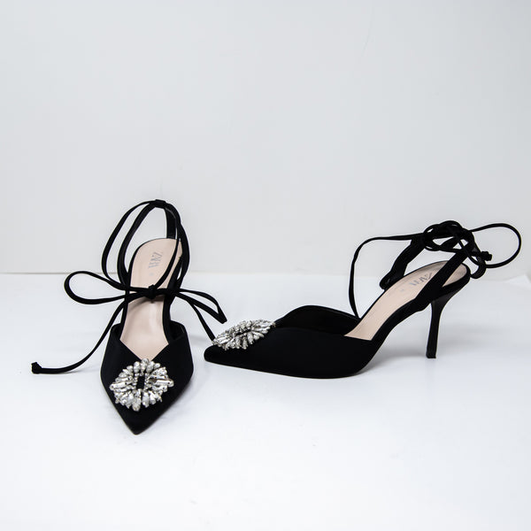 Zara Crystal Jewel Diamond Embellished Pointed Toe Fabric Covered High Heels 7