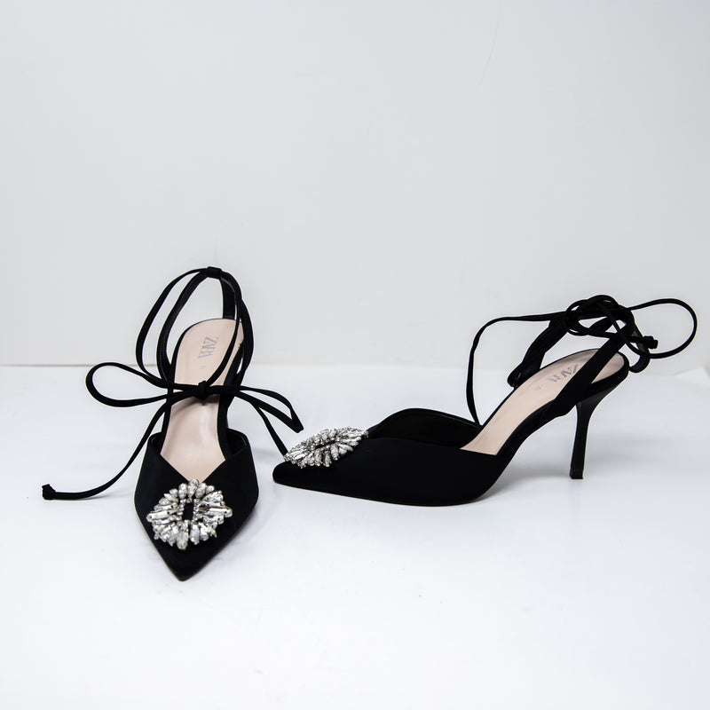 Zara Crystal Jewel Diamond Embellished Pointed Toe Fabric Covered High Heels 7
