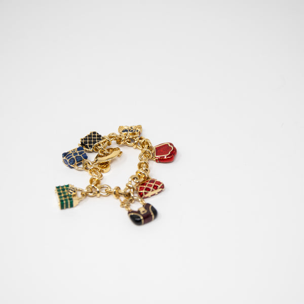 St. John Gold Plated Enamel Purse Bag Tote Multi Color Chain Link Charm Bracelet