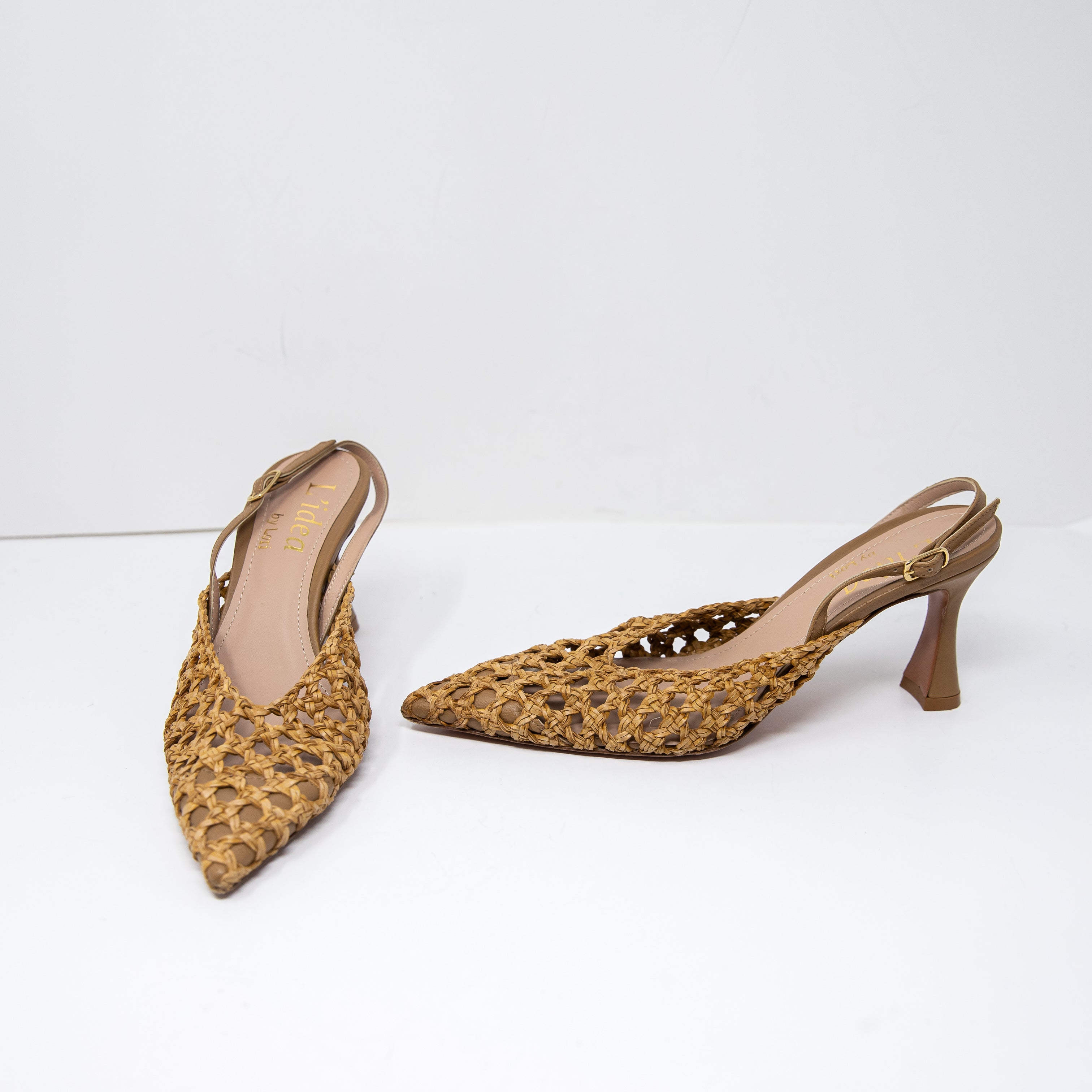 L'idea By Lori Eli Woven Crochet Genuine Leather Pointed Toe Slingback Heels 7