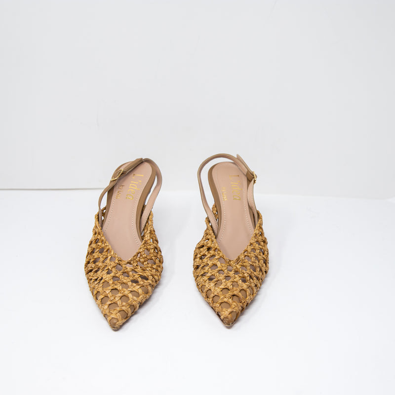 L'idea By Lori Eli Woven Crochet Genuine Leather Pointed Toe Slingback Heels 7
