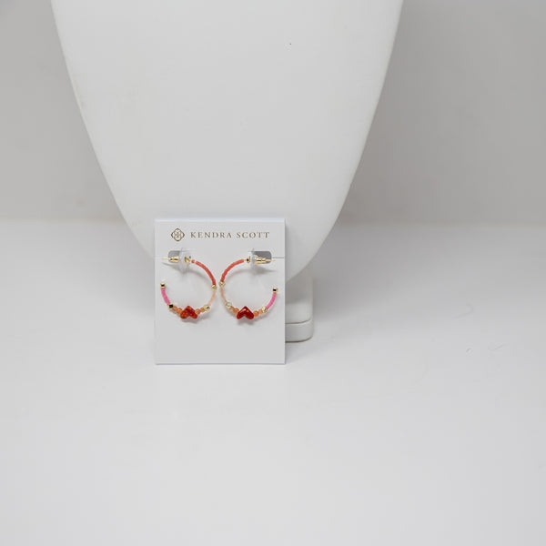 NEW Kendra Scott Nova 14k Gold Plated Heart Beaded Open Hoop Earrings Pink Red