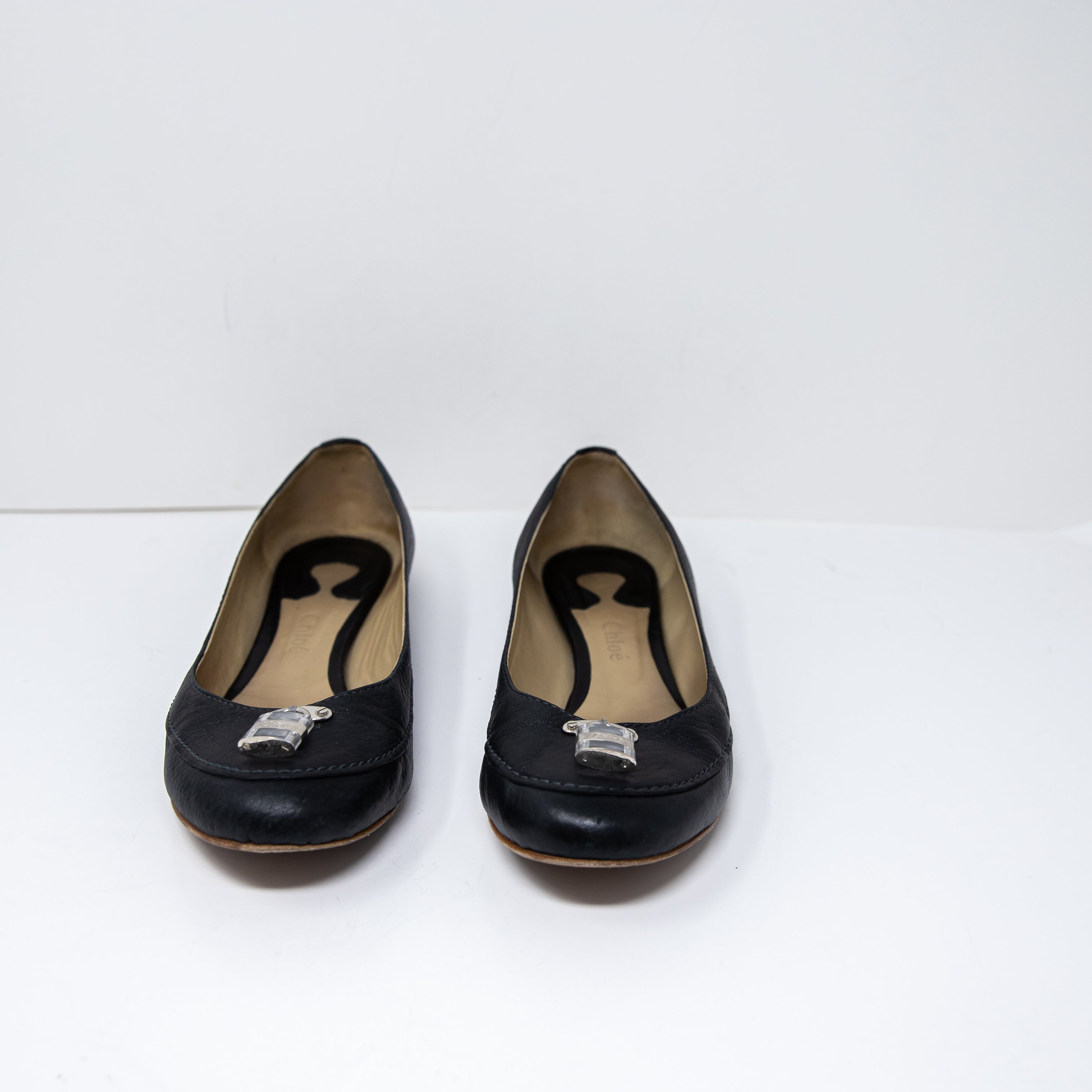 Chloe Women's Paddington Buckle Lock Genuine Leather Mutton Black Ballet Flats