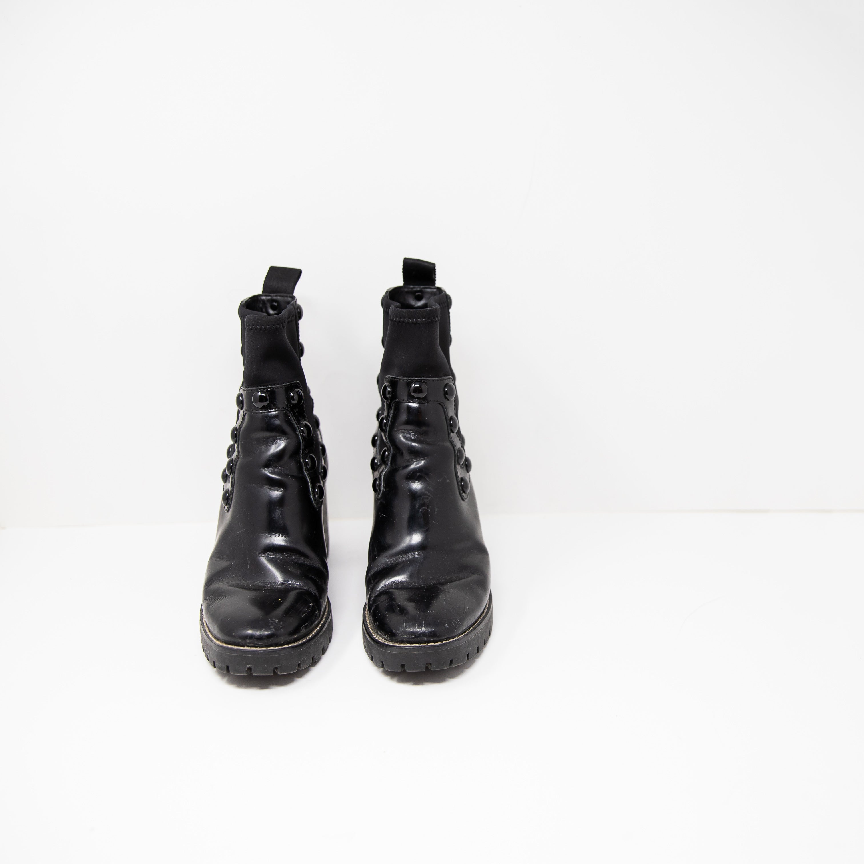 Tory Burch Preston Patent Leather Studded Embellished Pull On Heel Ankle Booties