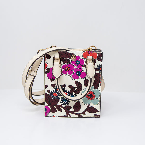 Tory Burch Emerson Mini Shopper Crossbody Shoulder Tote Purse Bag Floral Cream