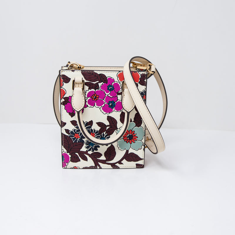 Tory Burch Emerson Mini Shopper Crossbody Shoulder Tote Purse Bag Floral Cream