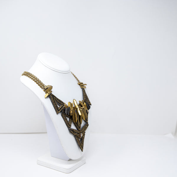 Suzanna Dai Gold Black Chain Link Stone Beaded Embellished Statement Necklace
