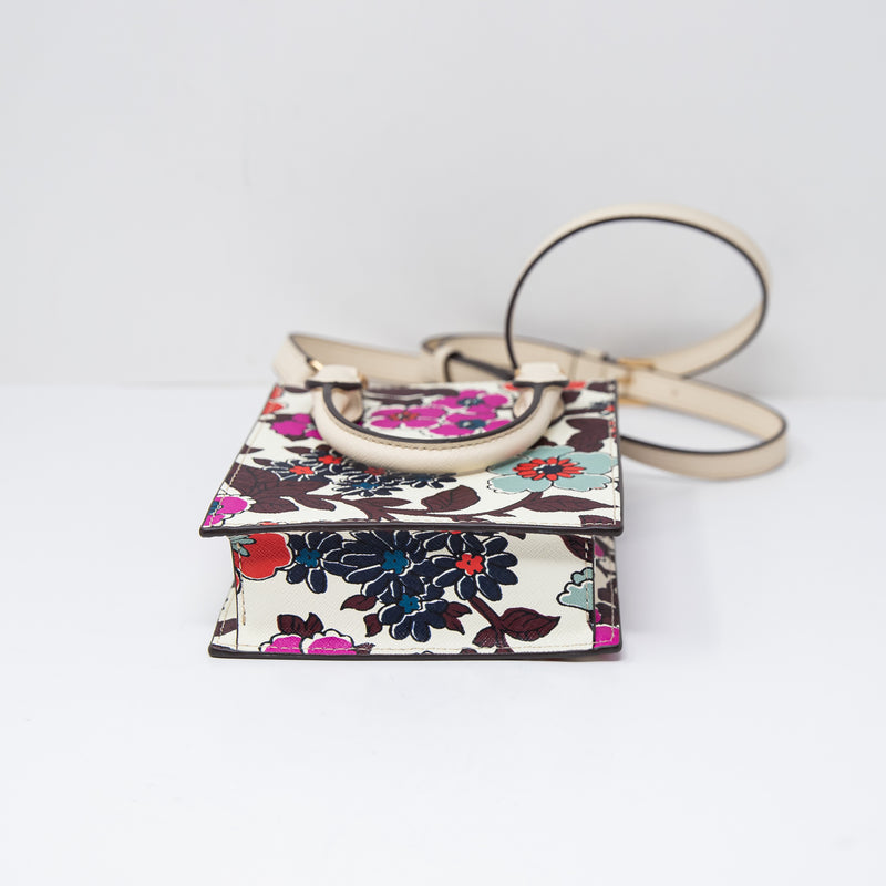 Tory Burch Emerson Mini Shopper Crossbody Shoulder Tote Purse Bag Floral Cream