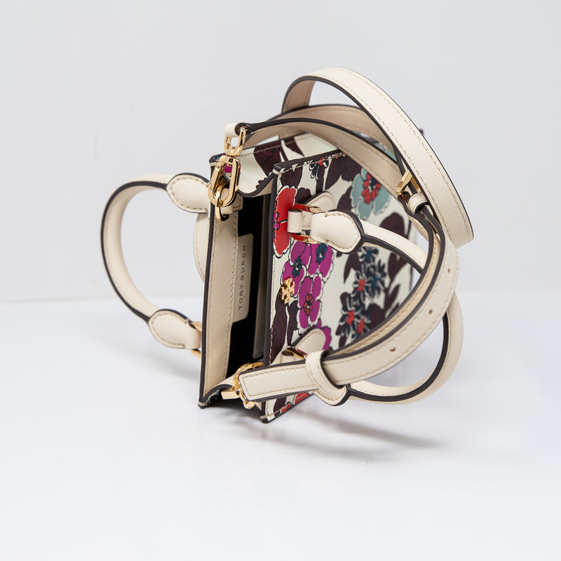 Tory Burch Emerson Mini Shopper Crossbody Shoulder Tote Purse Bag Floral Cream