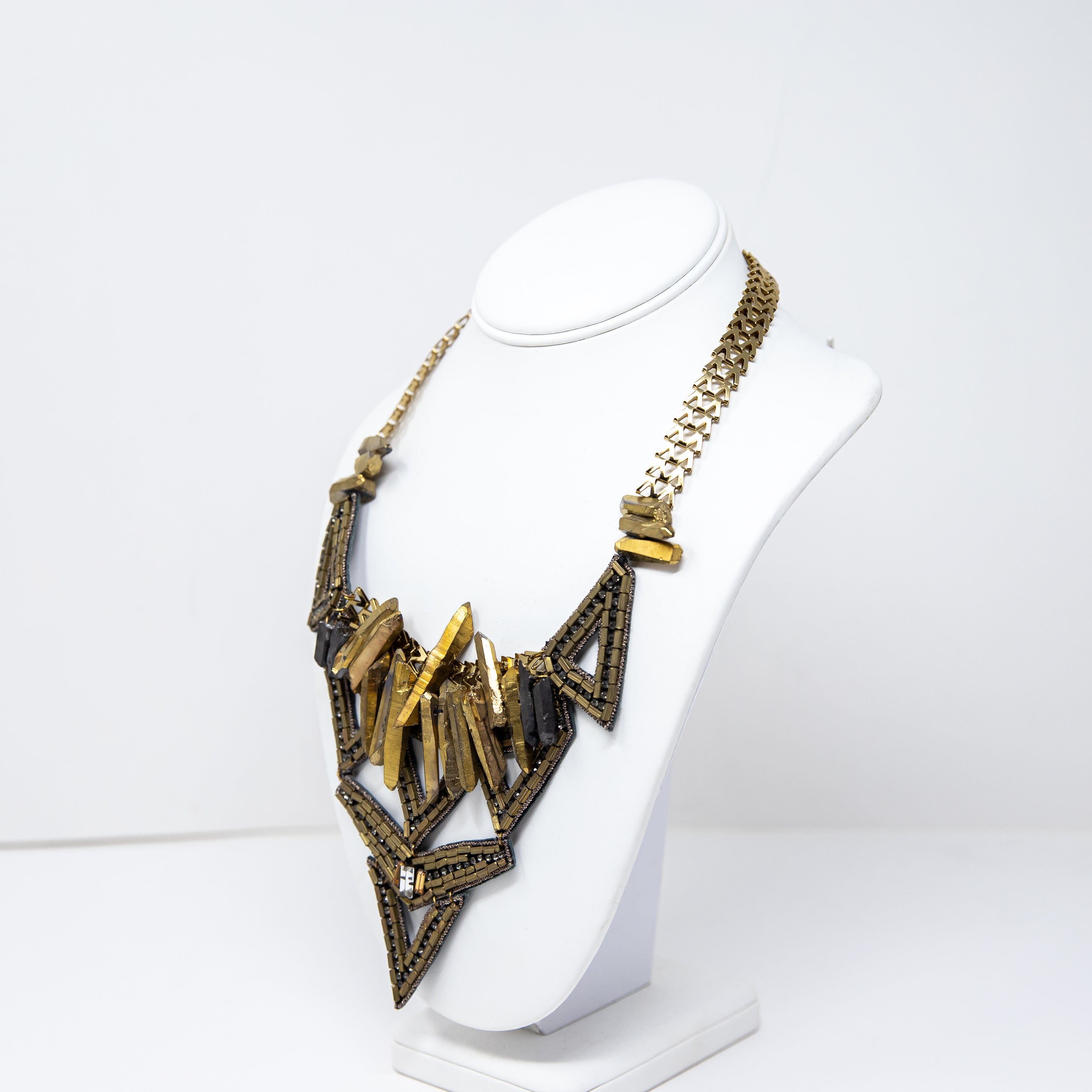 Suzanna Dai Gold Black Chain Link Stone Beaded Embellished Statement Necklace