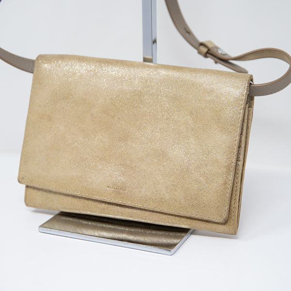Allsaints Glitz Gold Leather Wallet Multi Pocket On A Strap Crossbody Purse
