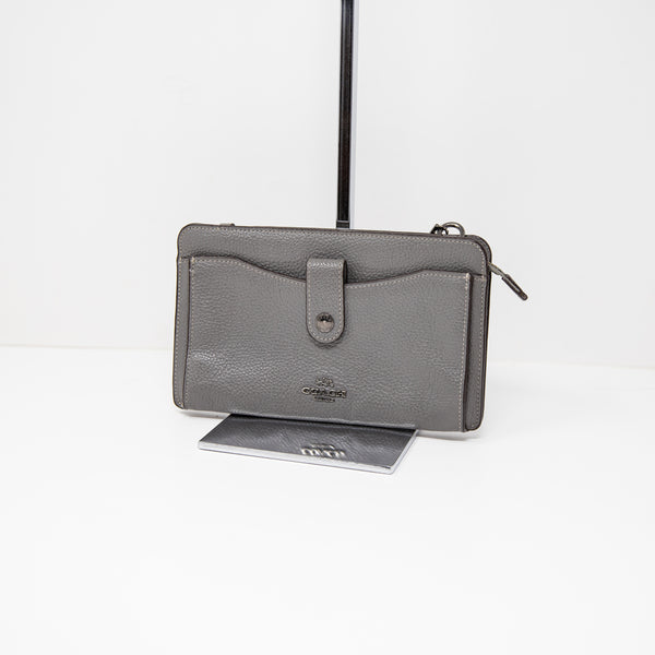 Coach Noa Pop Up Messenger Polished Pebble Leather Clutch Wallet Purse Bag Gray