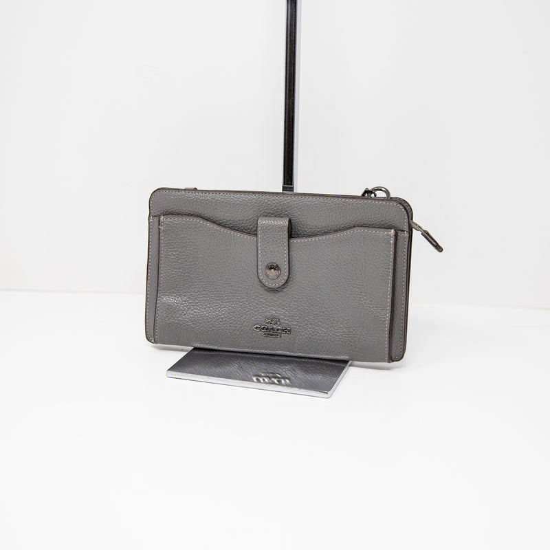 Coach Noa Pop Up Messenger Polished Pebble Leather Clutch Wallet Purse Bag Gray