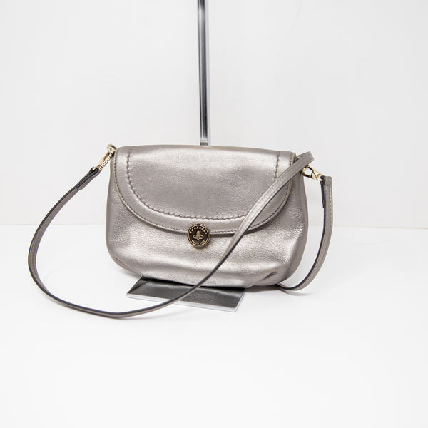 Pourchet Genuine Leather Silver Metallic Crossbody Shoulder Purse Bag Tote