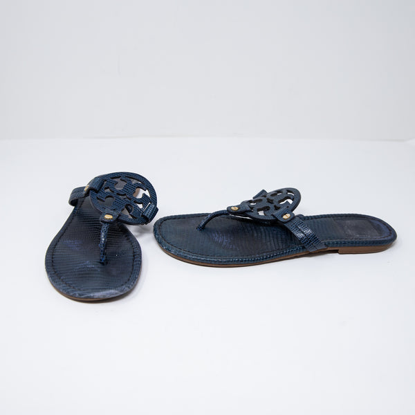 Tory Burch Women's Miller Genuine Leather Croc Embossed Flat Sandals Shoes Blue
