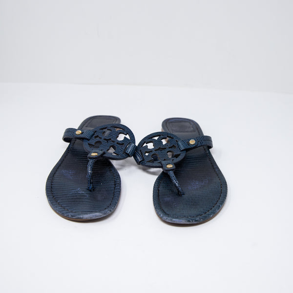 Tory Burch Women's Miller Genuine Leather Croc Embossed Flat Sandals Shoes Blue