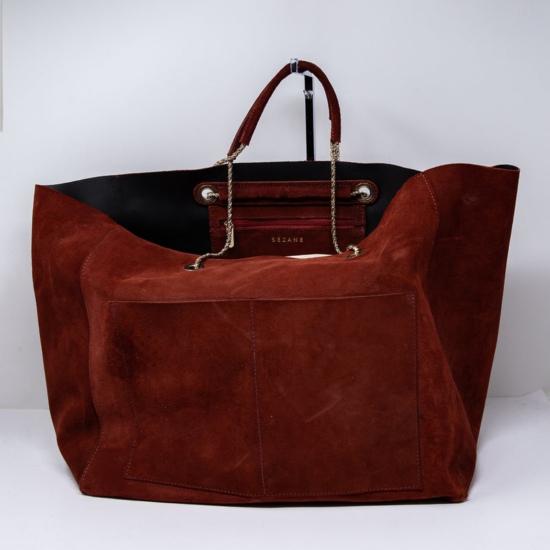 Sezane Gaby Genuine Suede Leather Oversized Shoulder Tote Bag Purse Red Gold