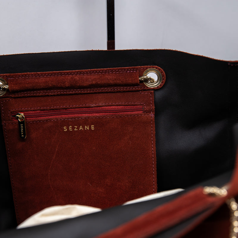 Sezane Gaby Genuine Suede Leather Oversized Shoulder Tote Bag Purse Red Gold