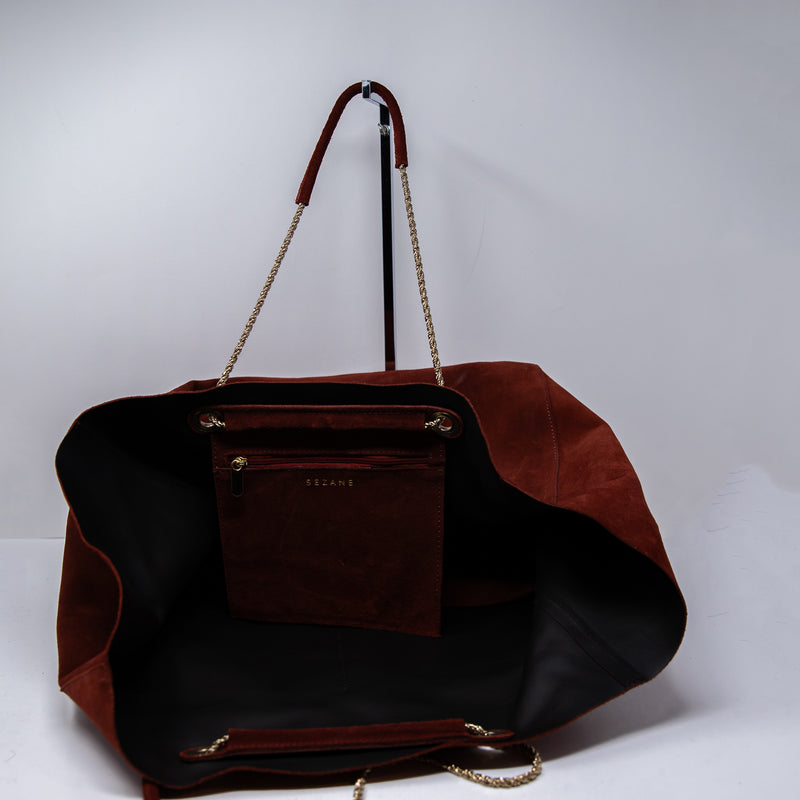 Sezane Gaby Genuine Suede Leather Oversized Shoulder Tote Bag Purse Red Gold