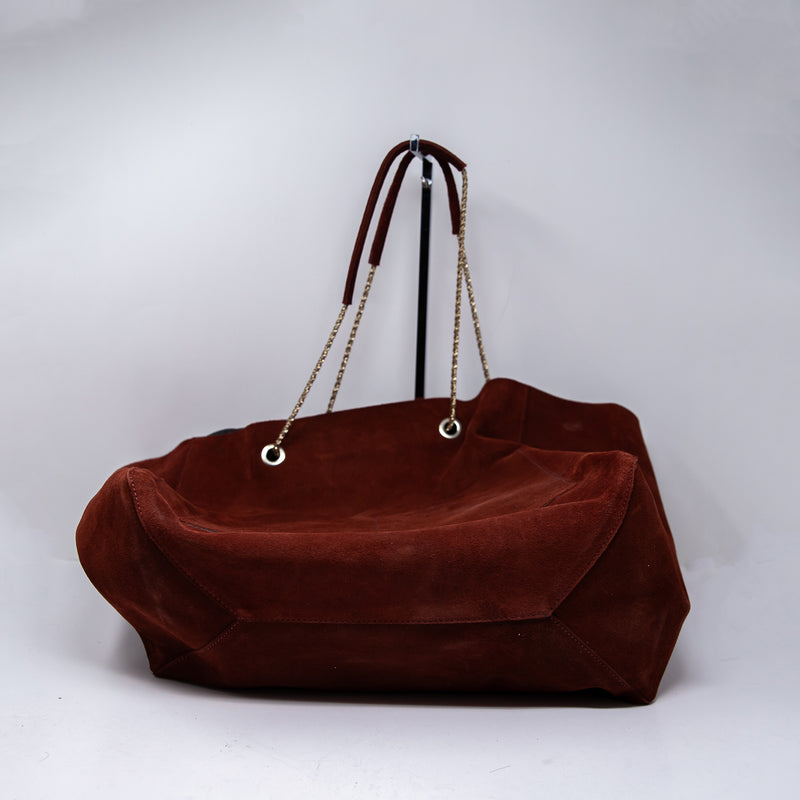 Sezane Gaby Genuine Suede Leather Oversized Shoulder Tote Bag Purse Red Gold