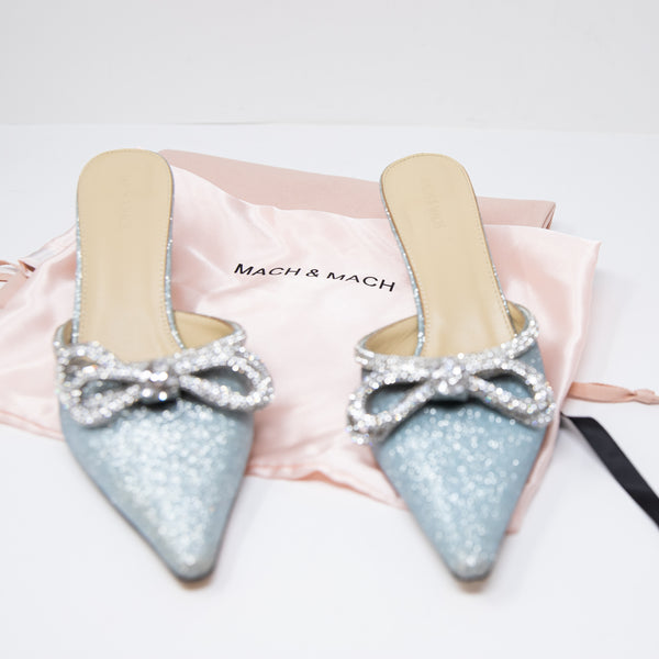 NEW Mach &amp; Mach Double Crystal Jewel Bow Pointed Toe Heels Shoes Blue Silver 10