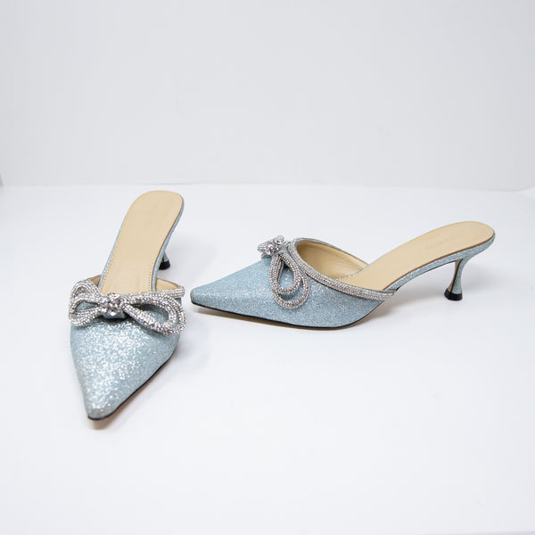 NEW Mach &amp; Mach Double Crystal Jewel Bow Pointed Toe Heels Shoes Blue Silver 10