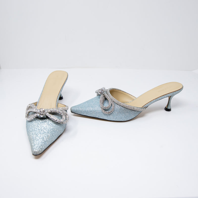 NEW Mach &amp; Mach Double Crystal Jewel Bow Pointed Toe Heels Shoes Blue Silver 10