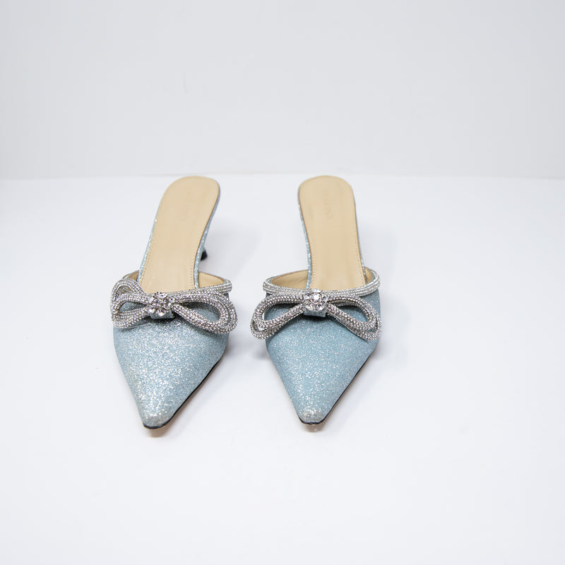 NEW Mach &amp; Mach Double Crystal Jewel Bow Pointed Toe Heels Shoes Blue Silver 10