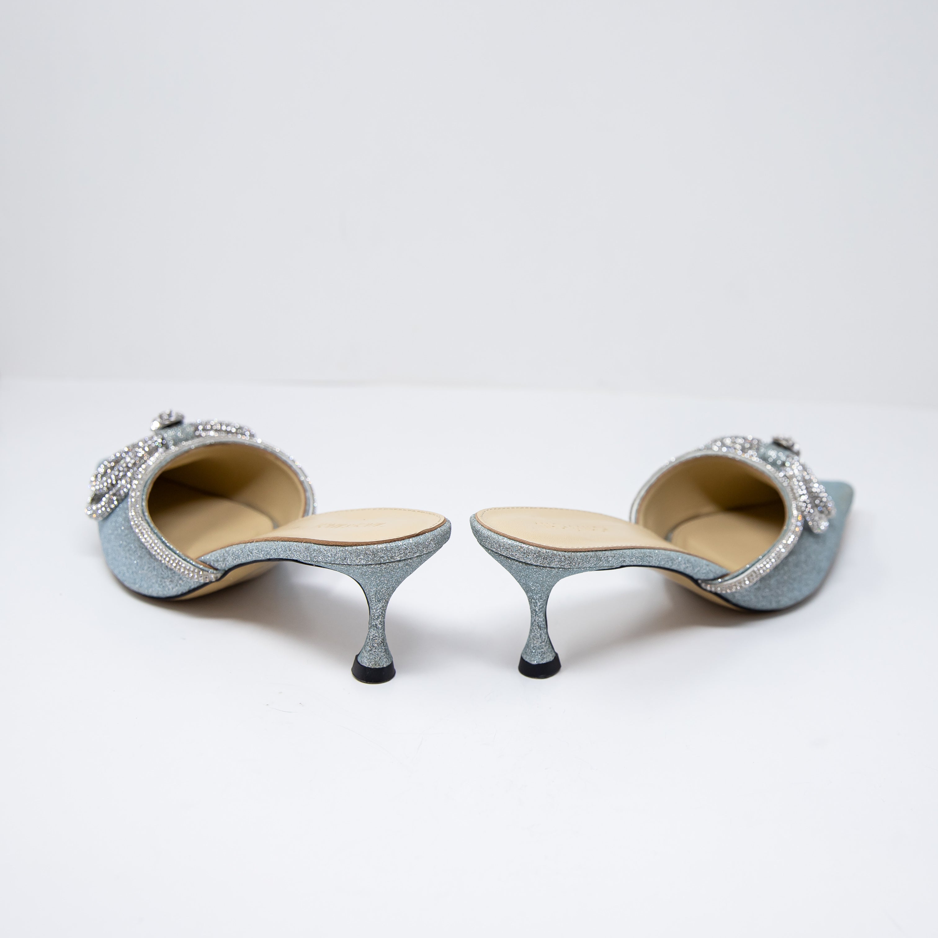 NEW Mach &amp; Mach Double Crystal Jewel Bow Pointed Toe Heels Shoes Blue Silver 10